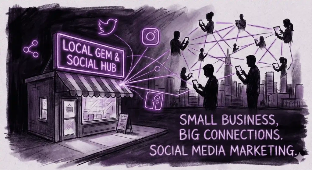 An illustrated scene shows Social media marketing in small business related storefront labeled “Local Gem & Social Hub” with glowing neon-style icons for Twitter, Instagram, Facebook, and a share symbol radiating outward. Lines connect the shop to silhouettes of people using mobile devices across a city skyline, symbolizing digital networking. Text reads: “Small business, big connections. Social media marketing.”
