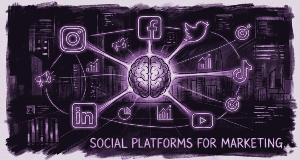 An illustrated graphic features a glowing brain at the center, with neon-style lines branching out to various social media marketing in small business icons including Instagram, Facebook, Twitter, TikTok, YouTube, and LinkedIn. Surrounding the icons are symbols of analytics, growth charts, targets, and megaphones, all set against a dark cityscape background. Text at the bottom reads: “Social Platforms for Marketing.”