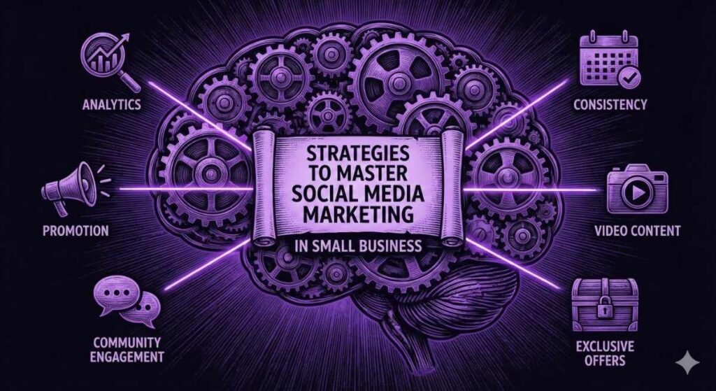 An illustrated brain filled with interlocking gears glows in purple, symbolizing strategy and planning. At the center, a scroll reads “Strategies to Master Social Media Marketing in Small Business.” Bright neon lines extend outward to icons representing key tactics: analytics, promotion, community engagement, consistency, video content, and exclusive offers. The overall design conveys how effective social media marketing in small business relies on coordinated, well-thought-out strategies.